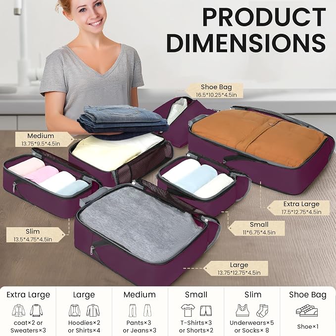BAGAIL 4 Set/6 Set/8 Set Compression Packing Cubes Travel Accessories Expandable Packing Organizers (Half Mesh, 6-Burgundy) - Image 2