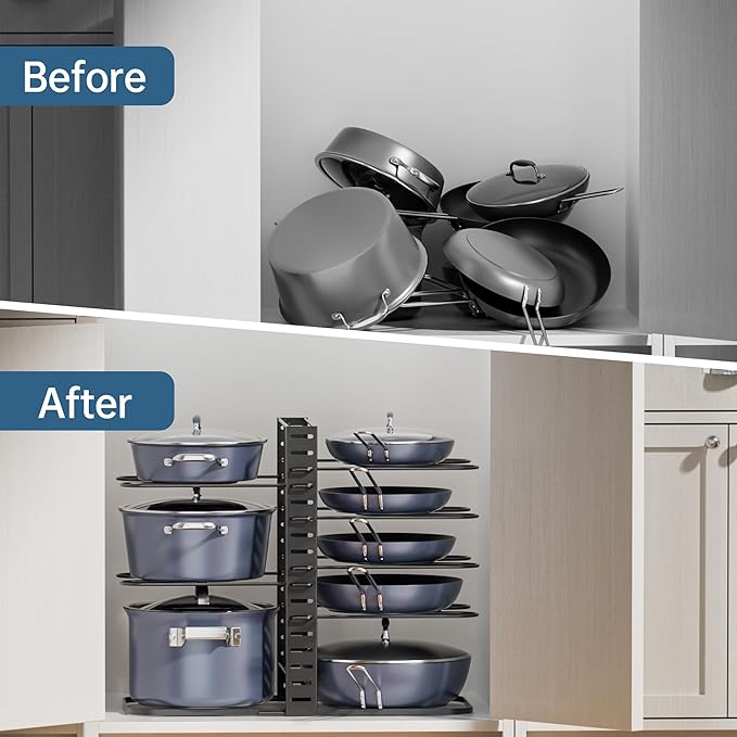Pots and Pans Organizer Under Cabinet 14.6", 8-Tier Adjustable Rack | 3 DIY Modes, Tool-Free Assembly, Fits 6–11" Lightweight Cookware, For Kitchen Cabinets, Shelves & Countertops Pot Organizer - Image 7