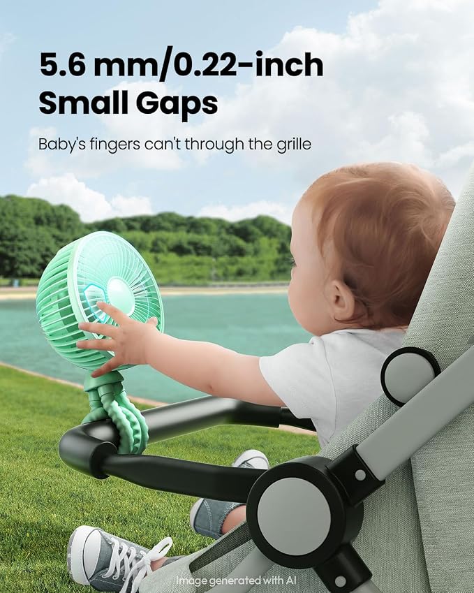 Gaiatop Oscillating Baby Stroller Fan with LED Lights, Rechargeable Green | 4-Speed Quiet Cooling, 4.6 In, Battery Operated, 360° Rotate Clip On Small Portable Fans for Car Seat Crib Treadmill Travel - Image 3