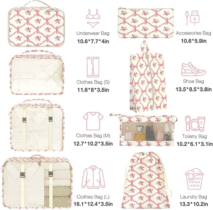 8 Set Packing Cubes for Suitcases,Packing Cube with Shoe, Cosmetics, Clothing, and Accessories Bags Packing Cubes for Travel Luggage Organizer Women Men(Bow Flowers) - Image 2