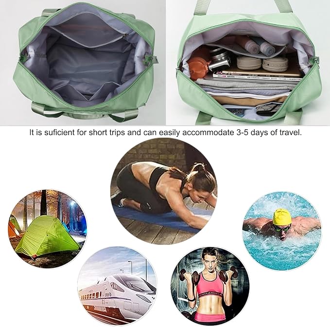 Large Capacity Folding Travel Bag, Lightweight Waterproof Luggage Bag, Expandable Travel Duffel Bag, Dry Wet Separated Gym Tote Bag, Weekender Overnight Bags for Women and Man (Light Green) - Image 7