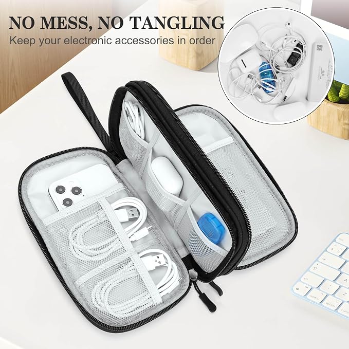 FYY Electronic Organizer, Travel Tech Pouch Bag, Medium, Black Quilted | Wrist Strap, Waterproof, Double Layers Portable Electronics Travel Carrying Case for Cord, Charger, Daily Business Trips Use - Image 5