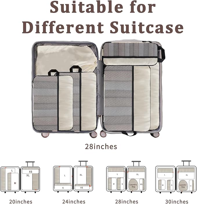 U+U 6 Set Compression Packing Cubes, Travel Organizers (Cream) | Space-Saving & Drawstring Bag Included - Image 7