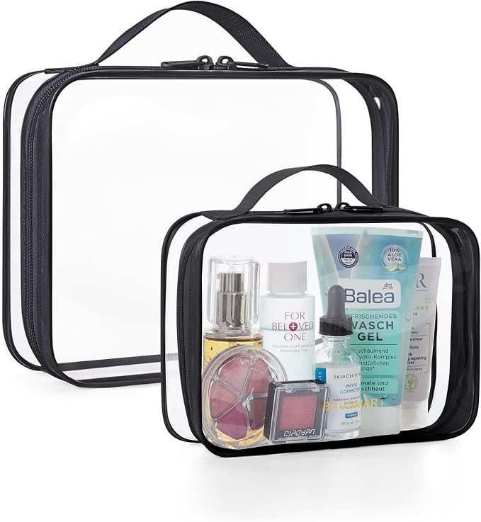 BAGSMART Clear Toiletry Bag with Handle 2-Pack TSA Approved, Black | Water-resistant Travel Toiletry Bag, Carry On Travel Accessories Bag, Airport Airline Quart Size Bags Women Men, Makeup Bag by BAGSMART