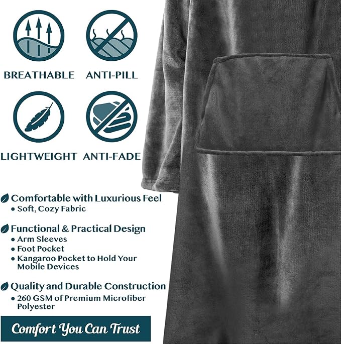 PAVILIA Fleece Blanket with Sleeves, Foot Pockets for Women Men Adults, Plush Wearable Blanket Throw Wrap, Warm Snuggle Blanket Robe, Cozy Gift Ideas Wife Mom, Dark Gray - Image 4