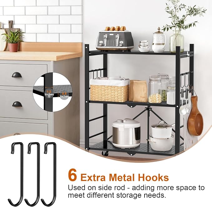 Himix 3 Tier Foldable Storage Shelf with Wheels 6 Hooks No Assembly Black | Metal collapsible organization, Folding shelves rack, Wire shelving, Unit rolling cart, Kitchen, Garage, Holds 792 Ibs - Image 6