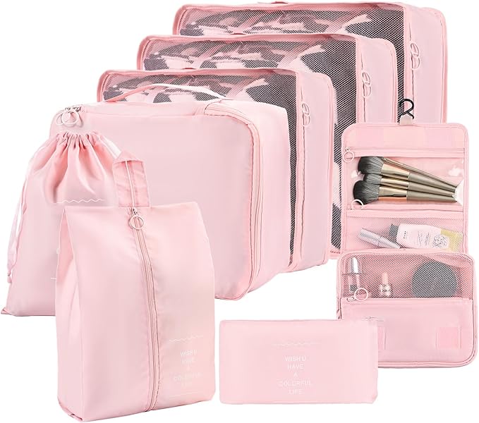 Packing Cubes for Travel, 8 Set Luggage Organizer Bags Travel Cubes for Packing Compression Luggage Cubes for Suitcase Carry on Travel Essentials with Laundry & Toiletry Bag（pink） by Greenfeather