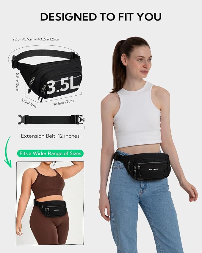 WATERFLY 3.5L RFID Fanny Pack: Anti-Theft 12" Extender Belt for Travel | Large Capacity Multi-Pocket, Water-Resistant Nylon, Reflective Strips, Breathable Padding, Hiking Walking Daily, Women Men - Image 4