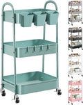 3 Tier Green Metal Rolling Cart with Lockable Wheels and Handle, 3 Tiered | Utility Storage Organizer Carts for Teacher, Arts, Craft, Snack, Book, Bedside, Nursery, Cleaning Supplies,Dorm,Easy Assembly by Recximi
