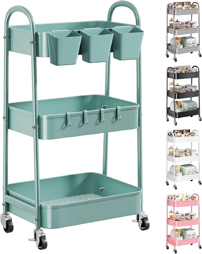 3 Tier Green Metal Rolling Cart with Lockable Wheels and Handle, 3 Tiered | Utility Storage Organizer Carts for Teacher, Arts, Craft, Snack, Book, Bedside, Nursery, Cleaning Supplies,Dorm,Easy Assembly by Recximi