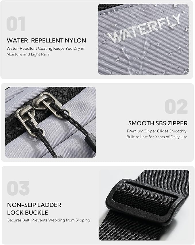 WATERFLY 3.5L RFID Fanny Pack: Anti-Theft 12" Extender Belt for Travel | Large Capacity Multi-Pocket, Water-Resistant Nylon, Reflective Strips, Breathable Padding, Hiking Walking Daily, Women Men - Image 6