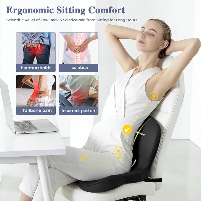 Memory Foam Seat Cushion for Sciatica & Back Pain Relief - Ergonomic Chair Pad with Adjustable Strap & Supportive Comfort Cover, Non-Slip for Car, Truck, Office Chair -Black - Image 2