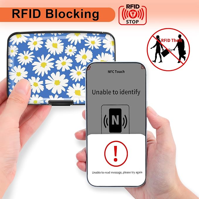 Mayski Credit Card Holder for Women RFID Blocking Wallet, Daisy | Card Wallets for Women Small Mini Business Metal Accordion Aluminum Alloy Hard Case for Men - Image 2