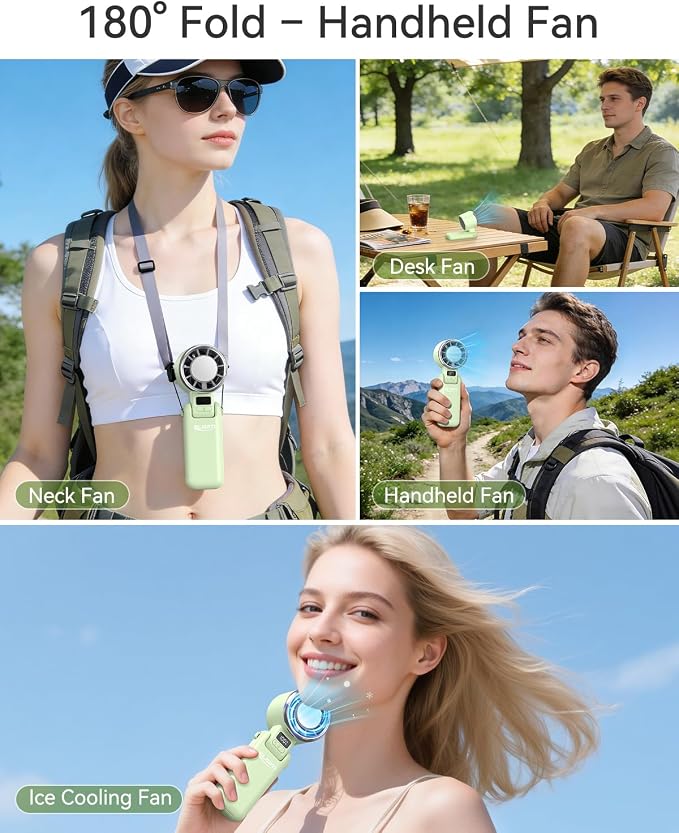 Portable Handheld Fan, USB Fan with Turbo & Ice Cooling, 5-Speed 4000mAh Rechargeable, 3-in-1 Mini Electric Fan, Lightweight & Compact for Outdoor, Camping, for Men & Women -Green - Image 6