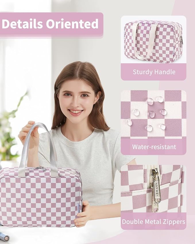 Narwey Large Checkered Travel Toiletry Bag Women Toiletries Bag Pink Makeup Bag Organizer Make up bag Cosmetic Bag Medicine Bag for Girls (Dusty Rose Checkerboard, Large) - Image 5