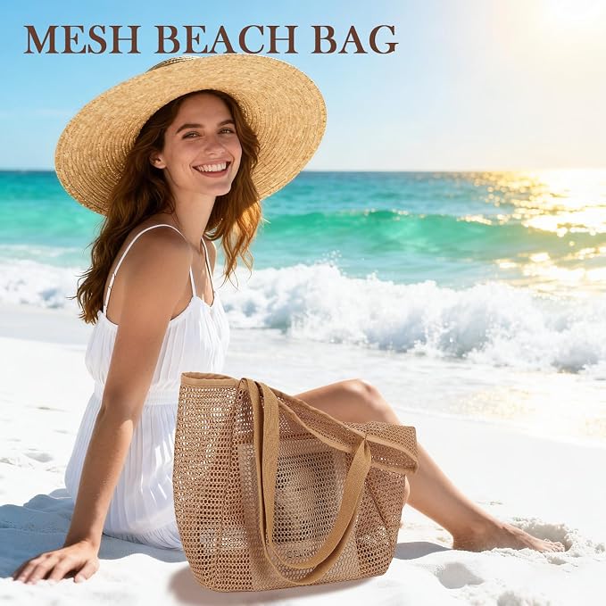 Fammart Mesh Beach Bag for Women, Summer Straw Tote Hobo Pool Bags with Zipper Pocket, Travel Vacation Cruise Essentials 2026 - Image 2