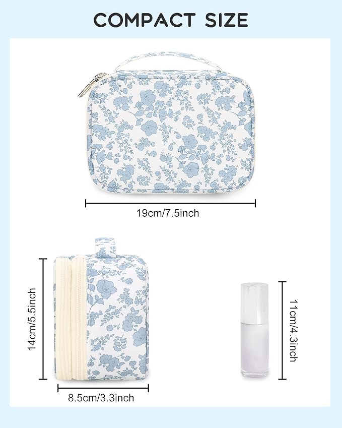 Relavel Travel Makeup Bag, Mini Floral Cosmetic Bag with 2 Layers | Portable Makeup Pouch for Women with 2 Makeup Brush Holders, Cute Toiletry Bag with Handle for Necessaries, Blue Flower - Image 2