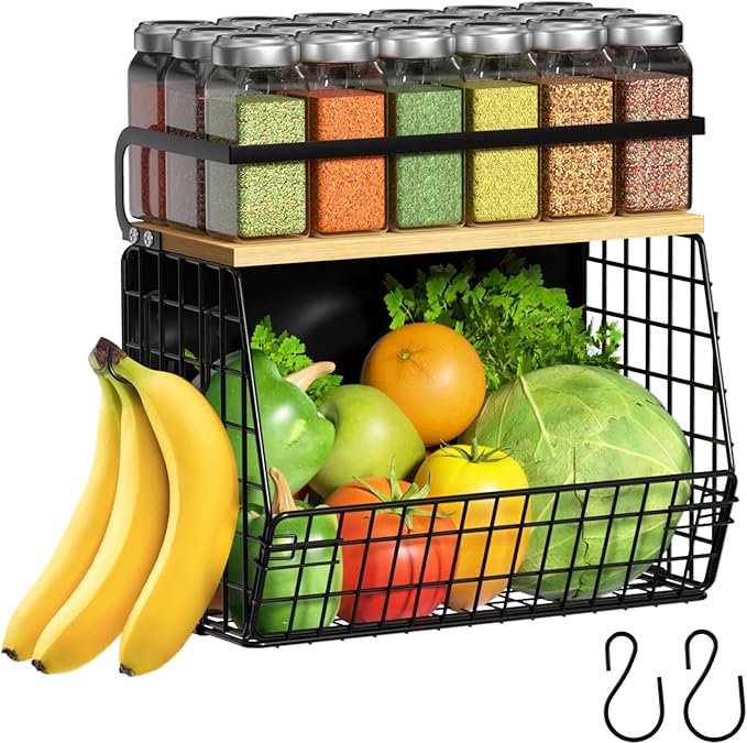 Magnetic Shelf for Fridge with Wood Lid, Fruit Potato and Onion Storage Bins, Pantry Organizers & Storage, Large Container Magnetic Spice Rack for Refrigerator, Kitchen Counter (Black, 1) by Ofiray-home