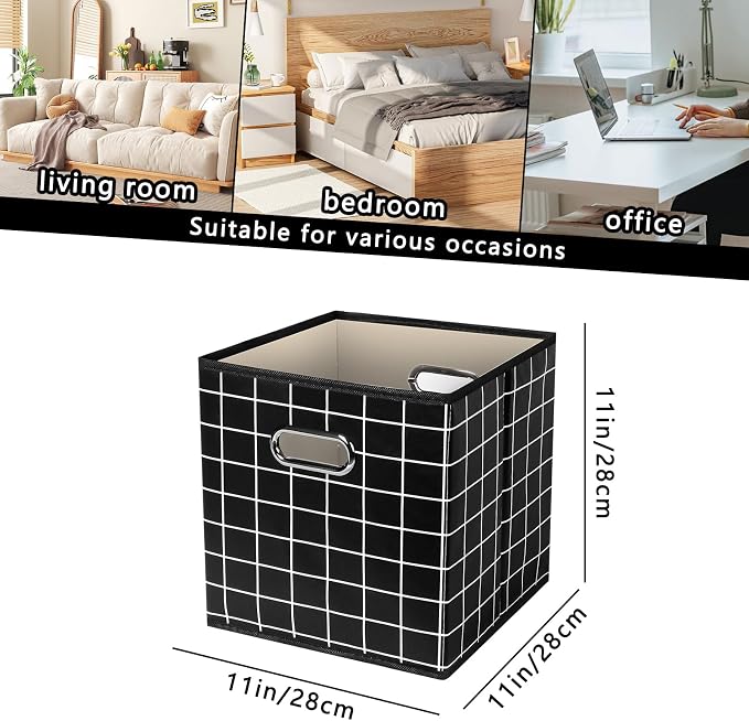 Yunkeeeper storage bins Cubes, Fabric Cube Organizer with Handle, Foldable Cube Bins for Cloth or Accessary Storage, 11x11x11, Set of 6, (Black grid) - Image 2