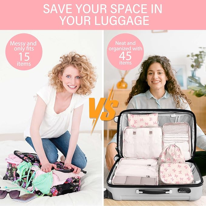 KPX 8 Set Packing Cubes for Travel, Luggage Packing Organizers Accessories Large Toiletries Bag for Clothes Shoes Cosmetics (8Set-Pink Bow) - Image 5