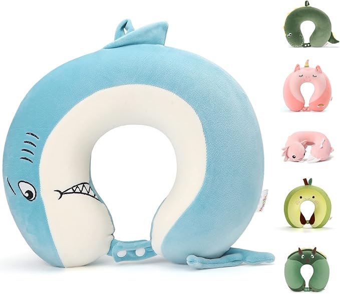 Memory Foam Kids Travel Neck Pillow for Ages 9+, Removable Cover, Shark | Machine washable, 17 in neck size for teens and adults, 360-degree head and chin support, car and airplane use by NiuniuDaddy
