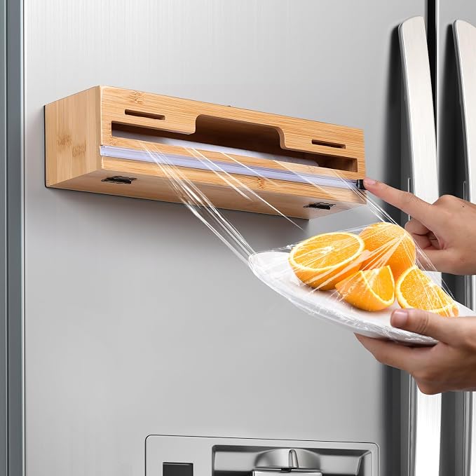Allinside Magnetic Plastic Wrap Dispenser with Cutter and Labels, Aluminum Foil Holder, Wax Paper Storage Box for Refrigerator, Kitchen Bamboo Organizer Compatible with 12.9" Roll (1 Layer) by Allinside