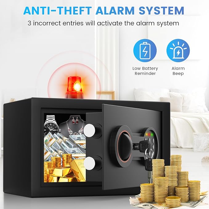 Small Safe for Home, 6.69"H Safe Box with Fireproof Waterproof Bag | Money Safe with Alarm System, Sensor LED Light, Wall/Floor Mountable, Hidden Safes for for College Dorm Room - Image 6