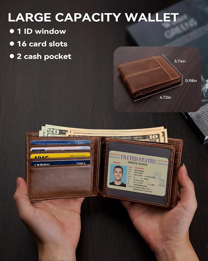 Swallowmall Mens Wallet Rfid Blocking Leather Wallet for Men Bifold Wallets with 1 ID Window 16 Card Slot Brown - Image 3