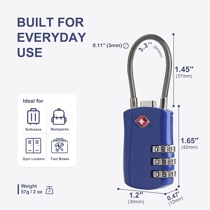 TSA Locks for Luggage, Small Padlock Combination with Cable, Luggage Locks TSA Approved, Combo Padlock with Code, for Travel Suitcase, Gym Locker, Gun Case, Backpack Zipper (Black+Blue) - Image 5