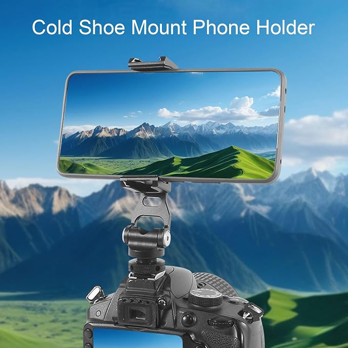Asixxsix Phone Tripod Mount, 360 Rotation Hot Shoe Phone Mount with 2 Cold Shoe, 1/4In Screw Interface Smartphone Adapter Aluminum Alloy for Vlogging Rig, Photography - Image 2