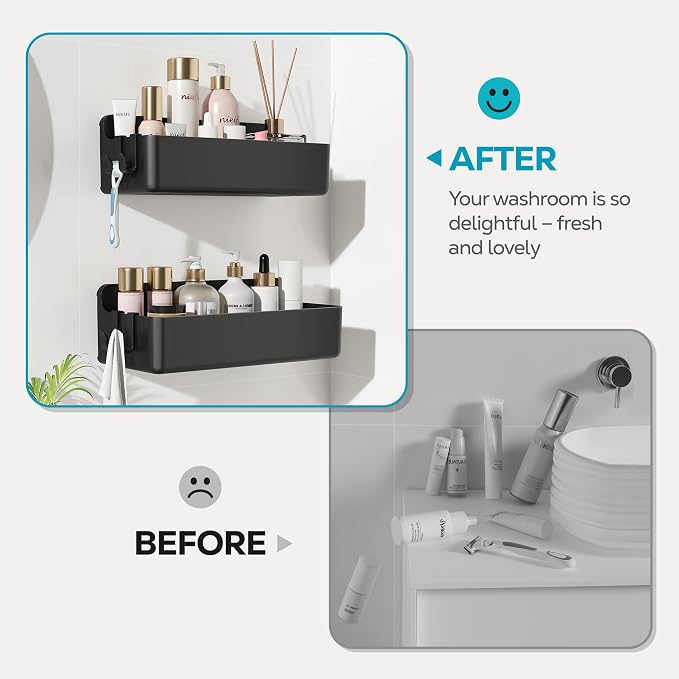 Nieifi Adhesive Shower Shelves, Black, 2 Pieces | Rustproof ABS, Large Capacity, Removable Design, No Drilling Shower Organizer for Bathroom Storage & Home Decor - Image 6
