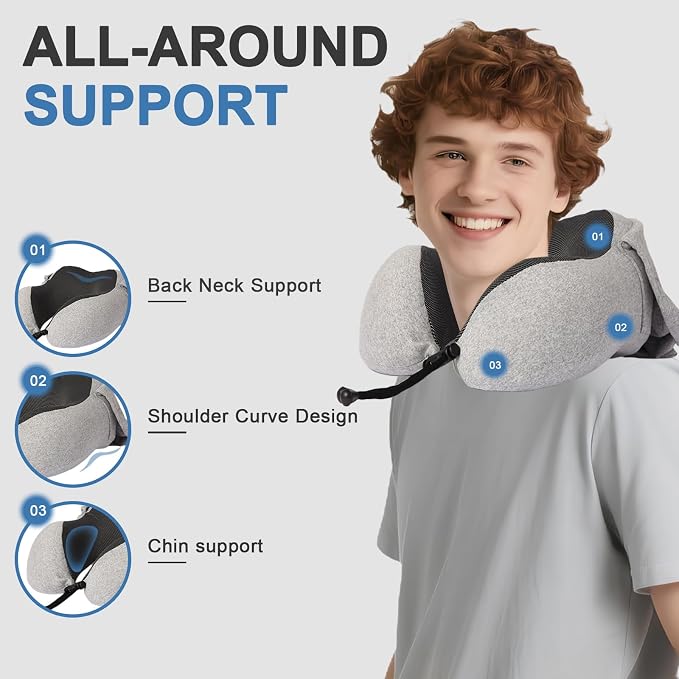 Travel Neck Pillow with 100% Light-Blocking Hood – Ergonomic Memory Foam Support Pillow for Airplane, Long Flights, Road Trips, Office and Car, Full Head and Neck Support with Skin-Friendly Cover - Image 4