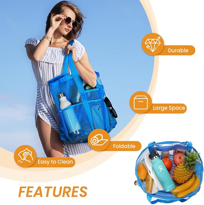 Tavaleu Mesh Beach Bag, Large Capacity Beach Tote, Multi Pockets, Sandproof | Mesh Material, Multiple Storage Pockets, Lightweight & Foldable Design, For Beach & Pool Use, Easy to Clean & Quick Dry - Image 6