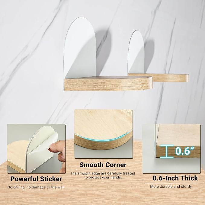 SAYAYO Small Floating Shelves for Wall Storage, 4 x 4 Inch Adhesive Shelves | Mini Shelf for Bedroom Decor, Display Wood Shelf Organizer with White Base for Living Room, Office, Balcony, 4 PCS - Image 5