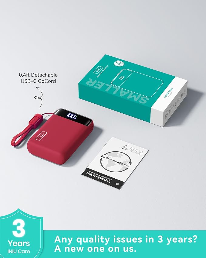 INIU Portable Charger, Smallest 20000mAh 22.5W Fast Charging Power Bank | USB-C Cable, Flight-Safe, Travel Essentials, Flashlight, Battery Pack for iPhone 17 Samsung Xiaomi Google, Mini Size, Red - Image 8