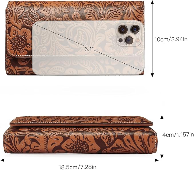 GOIACII Leather Wallets for Women RFID Blocking Western Clutch Brown | Embossed Design, Trifold, Large Billfolds, Vintage Flower, Ladies Purses with Zipper Coin Pocket - Image 5