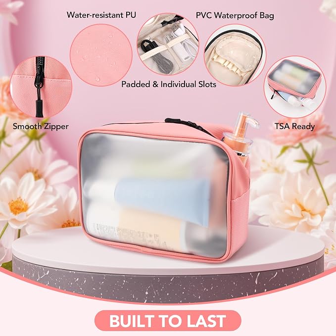5-Piece Travel Toiletry Bag for Women, Organize Toiletries and Cosmetics | Personal Travel Essentials, with Hanging Toiletry Bag, Clear Cosmetic Bag, Makeup Bag, Jewelry Case & Cable Pouch - Pink - Image 6