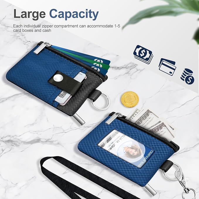 Minimalist RFID Blocking Small Wallet with ID Window,WaterResistant Zip Id Case Wallet with Lanyard Keychain for Cards,Cash,Travel,Women,Men (Electric Blue/DarkGrey) - Image 7