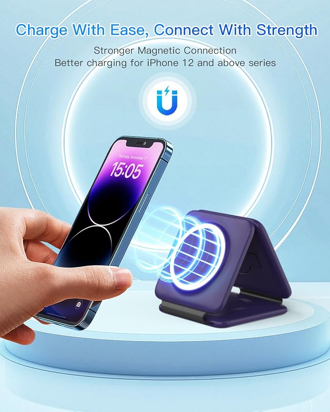 Iseyyox Charging Station for Mag Safe Apple - 3 in 1 Magnetic Foldable Wireless Charger Pad - Travel Charging Mat for iPhone 17 16 15 14 13 12 Pro Max Plus Watch & Airpods - Image 7