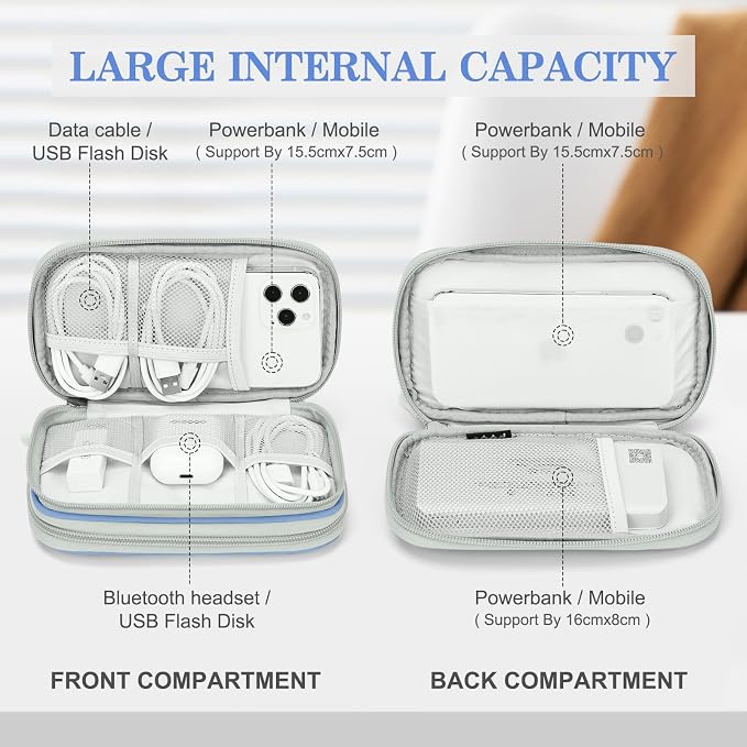 FYY Electronic Organizer, Travel Tech Pouch, Cable Organizer Blue Quilted | Wrist Strap, Waterproof, Double Layers Portable Electronics Travel Carrying Case for Cord, Charger, Daily Business Trips Use - Image 3