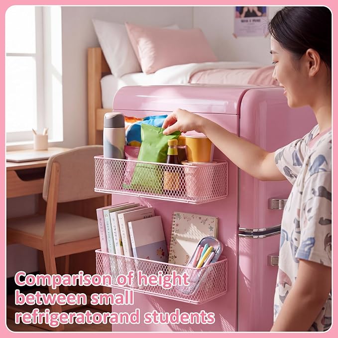 FoldTier 2 Pack Pink Magnetic Basket Dorm Mini Fridge Shelf Organizer Kitchen Storage Bin Container Spice Holder for Locker Refrigerator Pantry Dorm Essentials (13.8 x 3.1 x 4.9 Inch) - Image 5