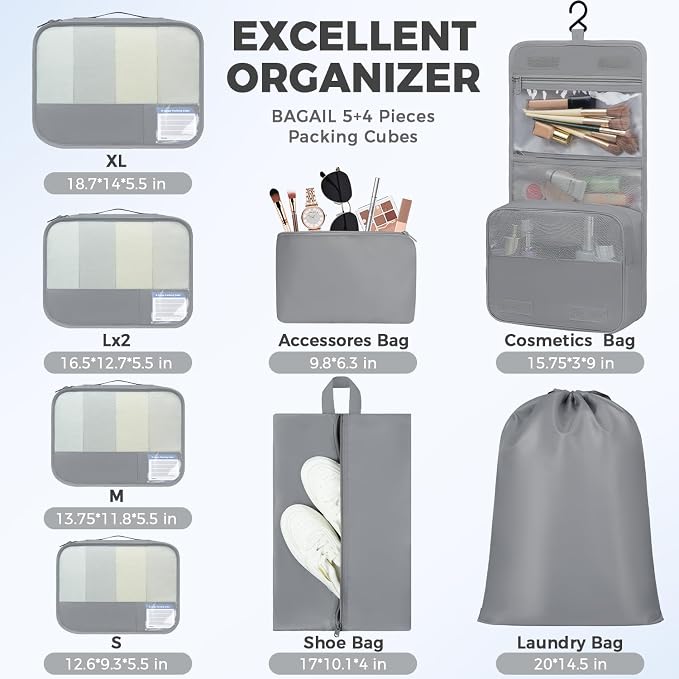 BAGAIL 9 Set Packing Cubes with Packing List Luggage Packing Organizers for Travel Accessories (Pewter Color) - Image 3
