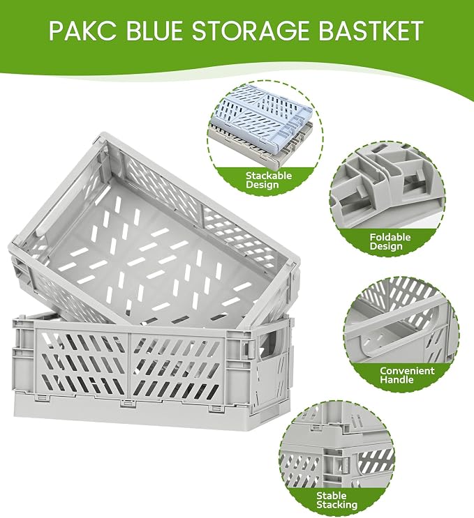 HUUSMOT 2-Pack Collapsible Plastic Storage Baskets, Grey, 9.8"x6.5"x3.8" | Pastel, Space-Saving, Collapsible Plastic Bins, Cute Mini Storage Crates, for Classroom, Kitchen, Office, Bedroom - Image 2