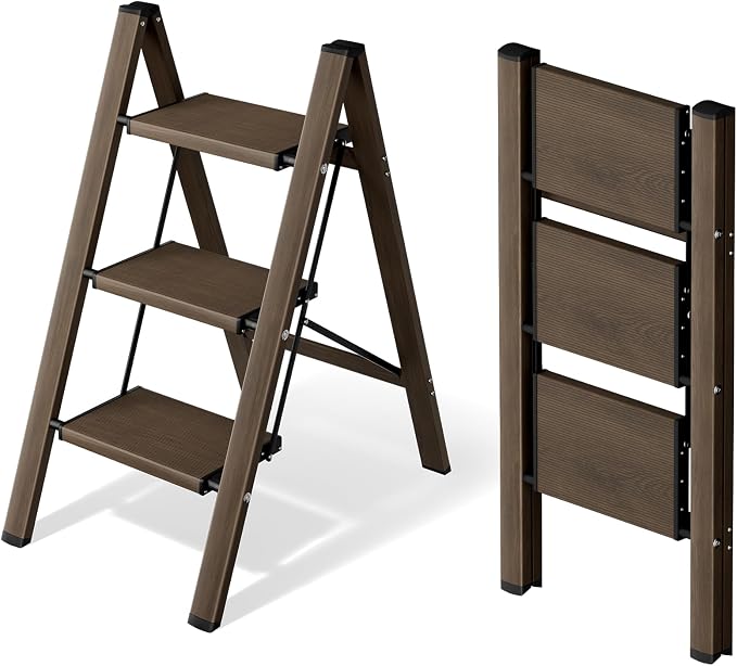 Mayi Plus 3 Step Stool Foldable, Aluminum, Lightweight Step Ladder | Extra-wide anti-slip folding steps with 330 lbs, for home,kitchen,office,outdoor,office,Walnut by MAYIPLUS