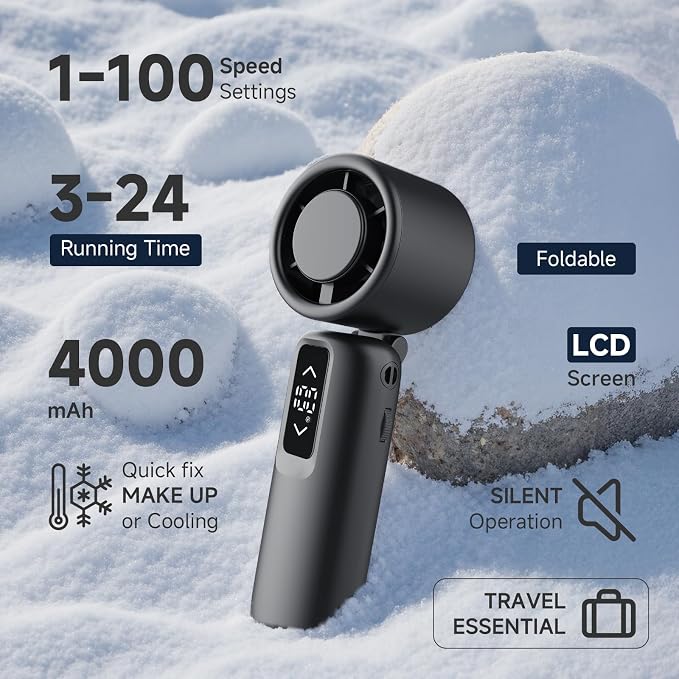 Portable Handheld Turbo Fan, 1-100 Gear Wind, Battery Operated, Up to 23 Working Hours, 3 IN 1 Personal Fan with Air Turbo Tech, Cooling Essentials for Indoor/Outdoor - Image 3