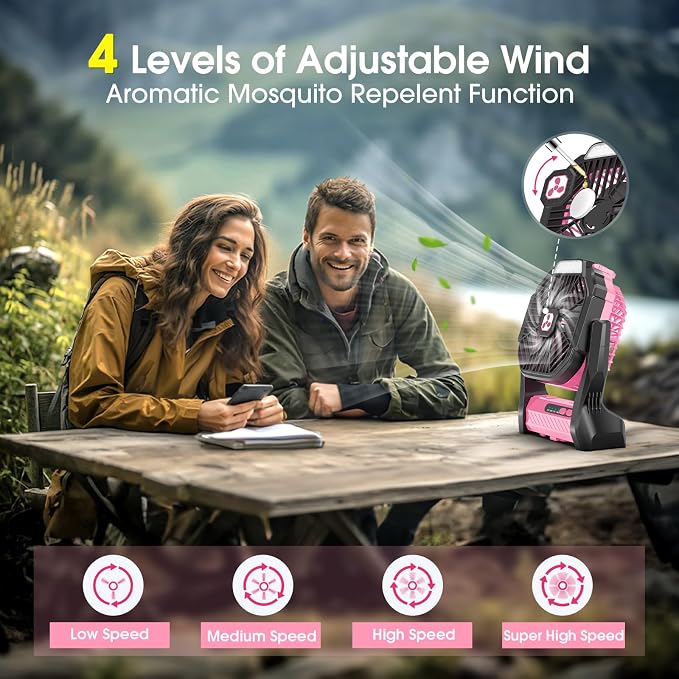 Peouix Portable Rechargeable Fan, 20000mAh Cordless Battery Powered Camping Tent Fans with LED Lantern, Operated Outdoor Ventiladores for Travel Camp Fishing Office Home Essentials | Pink - Image 3