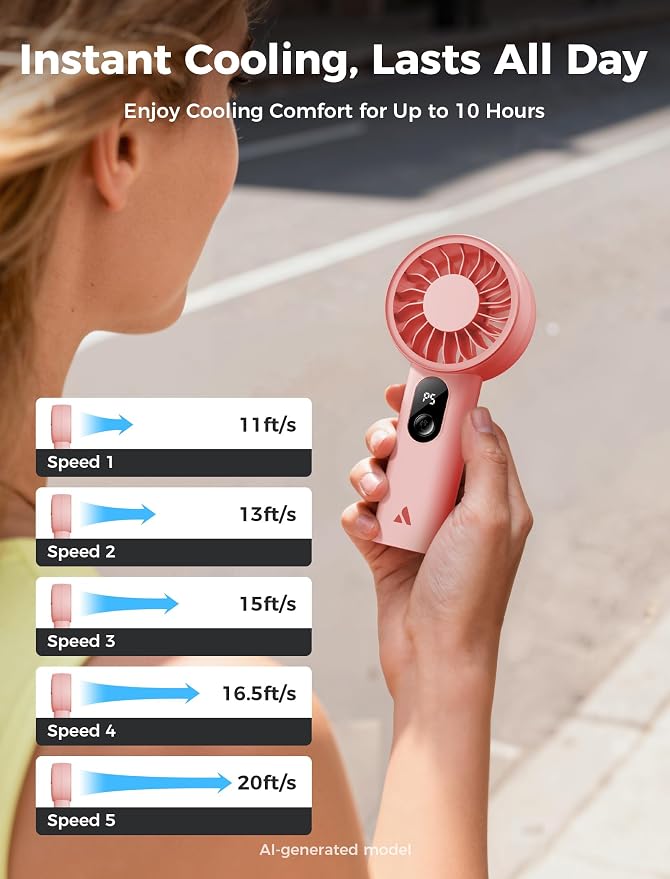 Aecooly Mighty Portable Fan, Powerful Handheld Fan, USB Rechargeable | [10H Max Cooling Time], Mini Personal Battery Powered, Pocket for Travel, Summer, Gifts for Women, Girls -Pink - Image 4