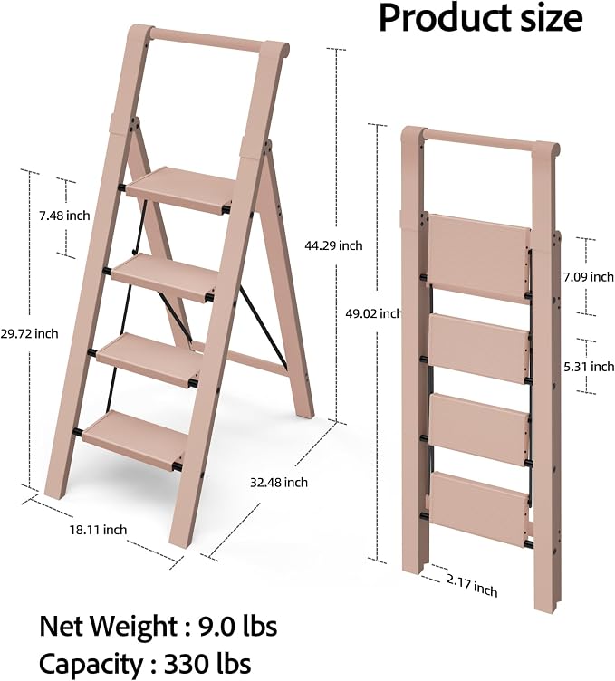 Taranta 4 Step Ladder,Aluminum Step Stool Foldable-Peach Pink | Lightweight Folding Ladder with Convenient Handgrip,Wide Top Pedal,330lbs Capacity Stepladder for Home,Office,Kitchen - Image 6