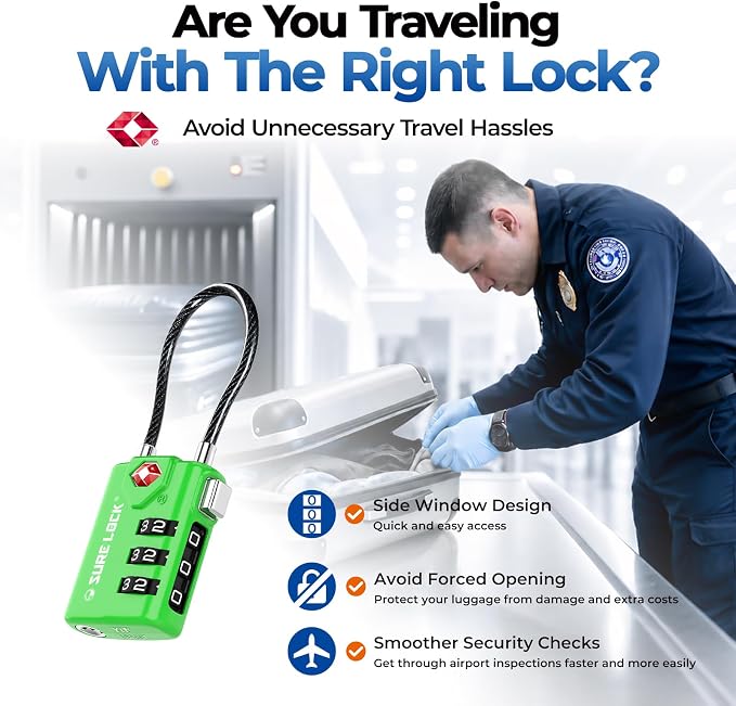 SURE LOCK TSA Approved Luggage Locks with Open Alert Indicator, 3 Digit Combination Cable Travel Lock for Suitcase, Backpack, Gym Locker, Toolbox & Travel Bag（Green 4 Pack） - Image 3