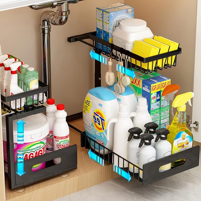 Adoymiro Under Sink Organizer, Adjustable Shelves, 2 Pack Pull Out Cabinet Organizer Slide Out Sink Shelf Cabinet Storage Shelves, Under Sink Storage for Kitchen Bathroom Cabinet by ADOYMIRO